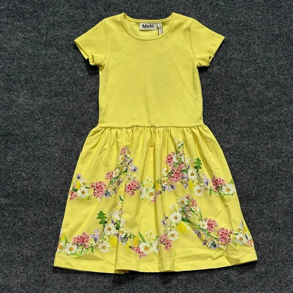Molo Dress Girls 7-8 Yellow Floral Print Short Sleeve Organic Cotton Fit Flare